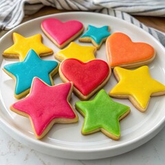 Obraz premium Colorful decorated sugar cookies in star and heart shapes on a white plate.