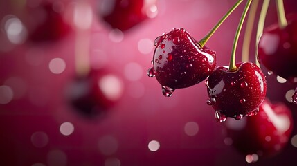 Fresh and juicy red cherries with water droplets against a bokeh background