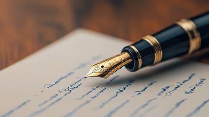 Luxury fountain pen resting on parchment paper with handwritten text