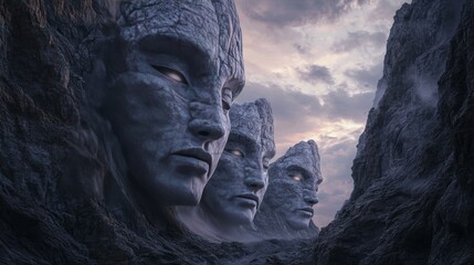 Obraz premium Three large stone faces carved into canyon walls, glowing subtly in the misty air at dusk, create a striking image of grandeur and mystery in this otherworldly landscape.. AI Generation