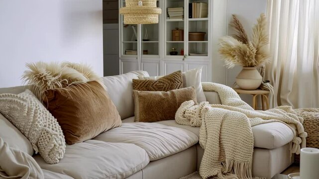 Soft textures and warm colors create a welcoming atmosphere in this stylish living room filled with decorative plants and cozy furnishings
