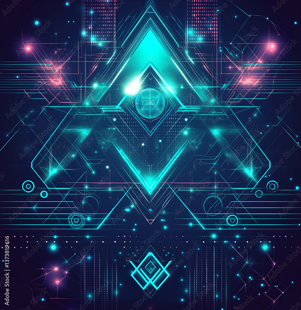 Poster futuristic abstract ai & data technology background glowing blue & teal lines, dots, waves & triangl