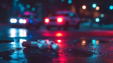 Close-up of capsules scattered on a wet street at night, with blurred police car lights in the background. The scene evokes tension and drama, highlighting crime or emergency themes.. AI Generation