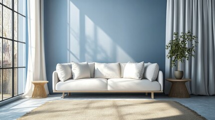 Bright living room displays a comfortable sofa and plants