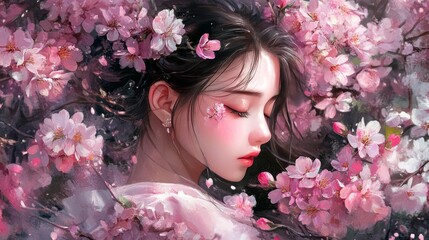 A soft and serene portrait of a woman in a sea of cherry blossoms, her peaceful expression blending with the delicate flowers. The image evokes a sense of beauty and calmness, perfect for artistic and