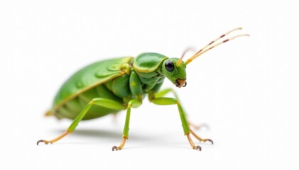 Green insect isolated on white studio backdrop, texture, wildlife