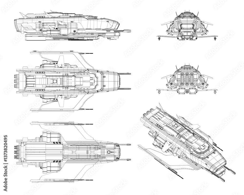 Poster the image is a series of drawings of a spaceship. the drawings are in black and white and show the d