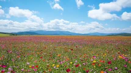 Fototapeta premium A bright and vibrant wildflower field stretches out under a blue sky with mountains in the distance. The diverse array of flowers creates a colorful and inviting natural landscape.. AI Generation
