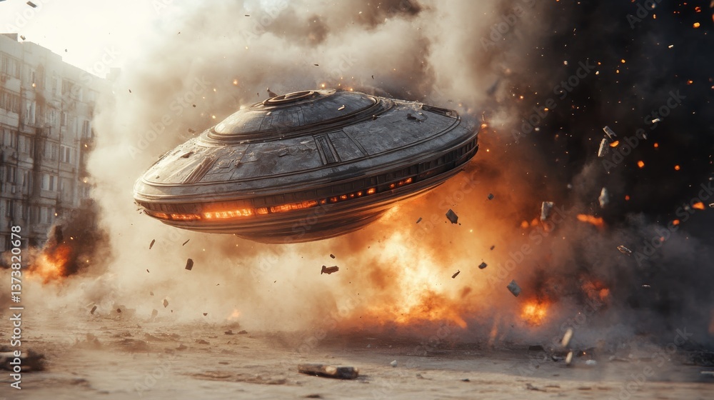 Poster A UFO crashes into a city street, causing a massive explosion with debris and fire. The futuristic flying saucer hovers amidst destruction in a chaotic, action-packed scene with sci-fi elements.. AI