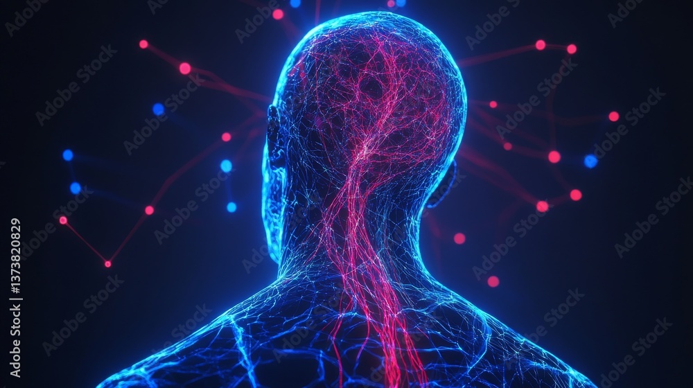 Poster a digital representation of the human nervous system, showing intricate neural pathways illuminated 