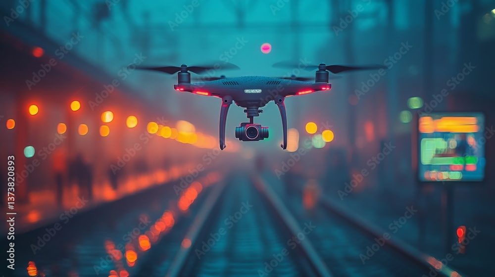 Poster a surveillance drone is hovering above railway tracks at an urban train station, equipped with a cam