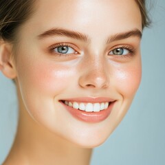 Obraz premium A close-up portrait of a smiling woman with glowing skin and bright blue eyes, embodying happiness and positivity.