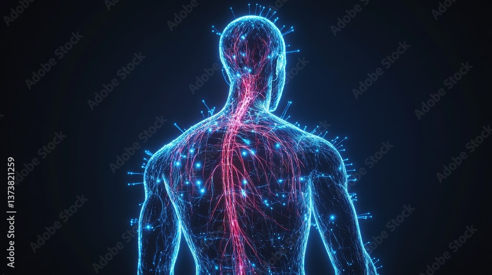 Poster this digital artwork represents the human nervous system with glowing neon blue and red connections.