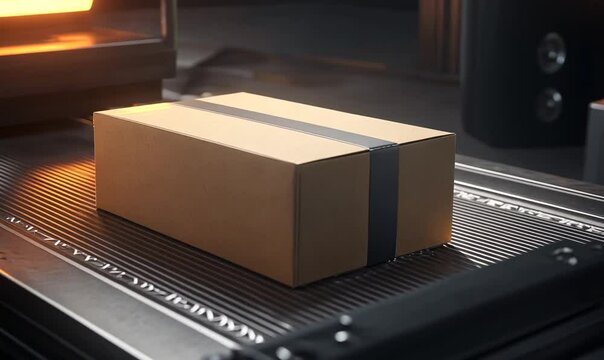 A brown cardboard package with a black strap on a conveyor belt in a modern warehouse setting