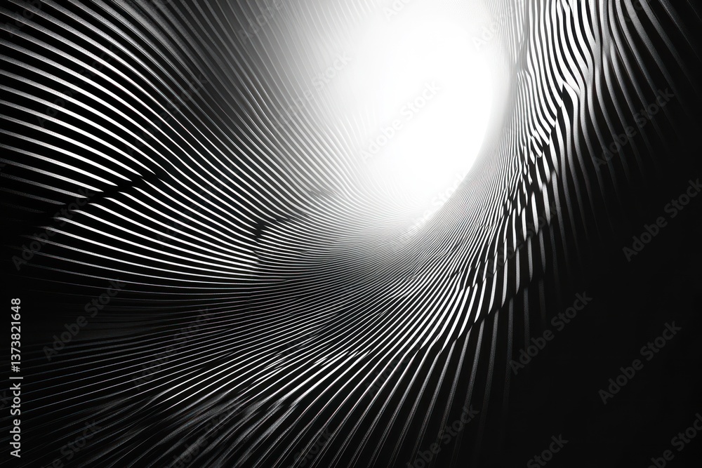 Poster abstract metallic structure with swirling lines converging into bright light. futuristic design with