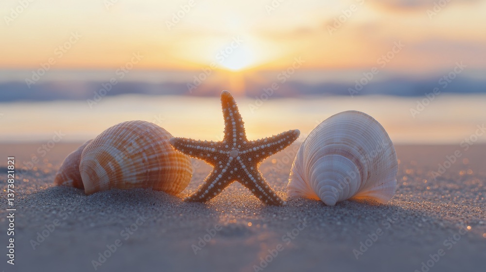Poster close-up view of a starfish and seashells on the sandy beach with a stunning sunrise backdrop. the s