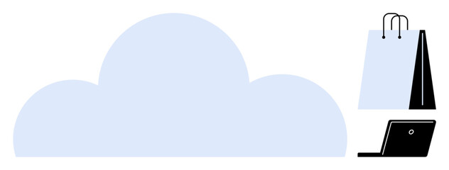 Cloud shape with shopping bag and laptop illustrates e-commerce, cloud storage, and online access. Ideal for technology, retail, online shopping, digital marketing, IT services business data. Flat