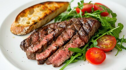 A perfectly grilled medium-rare steak, with the pink center visible and rustic bread on the side of the plate
