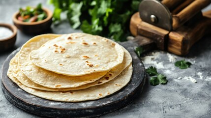 Tortilla Press. Cooking Process for Mexican Tacos with Roasted Beef on Grey Table