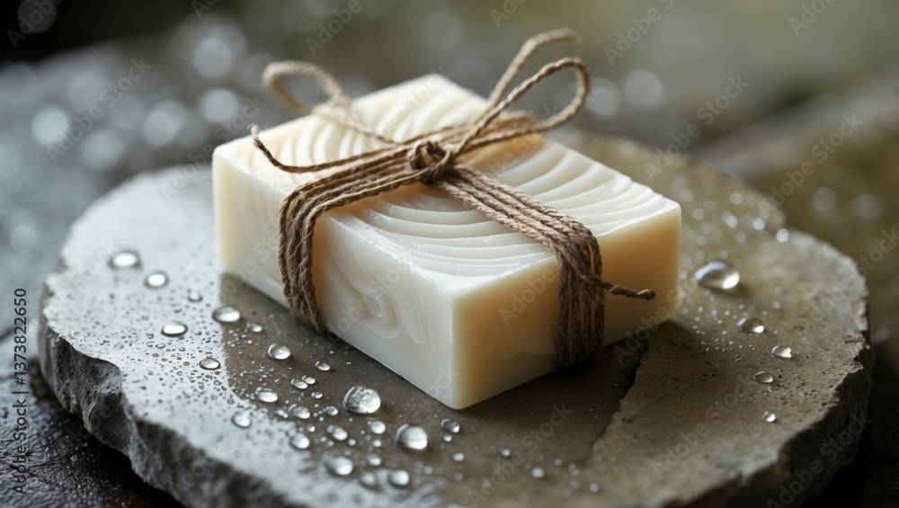 Poster handcrafted soap displayed on a stone surface with water droplets in a calming indoor setting