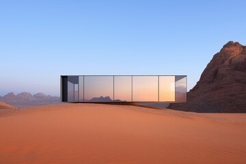 Obraz premium modern glass building standing amidst desert landscape
