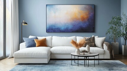 Bright airy living room with blue walls and artwork