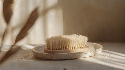 Elegant brush in dish, sun-kissed table, bathed in soft light. Minimal, natural, and aesthetically pleasing.