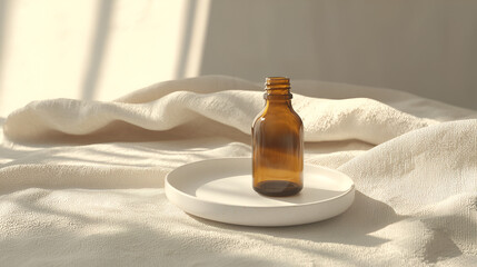 Amber bottle on a neutral setting, highlighting natural light and minimalistic aesthetic.