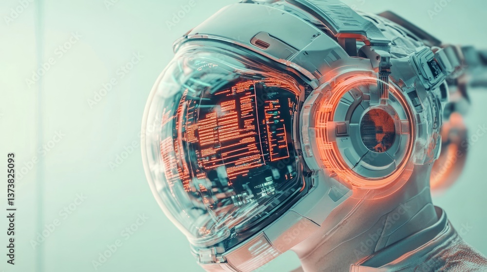 Poster an astronaut helmet showcases digital displays and data integration, embodying the synergy between h
