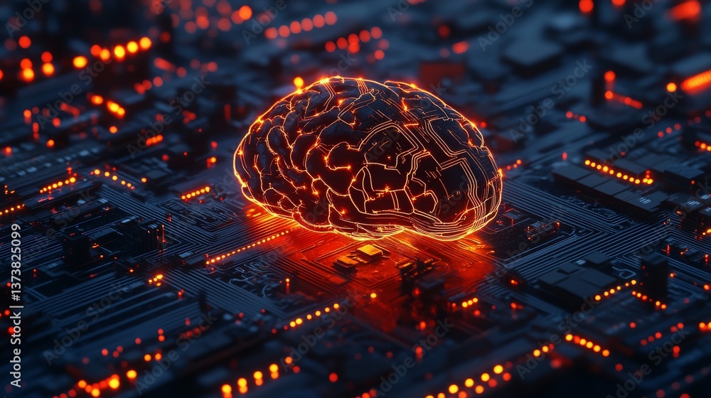 Poster a bright, glowing brain rests on a detailed circuit board, representing the fusion of human intellec