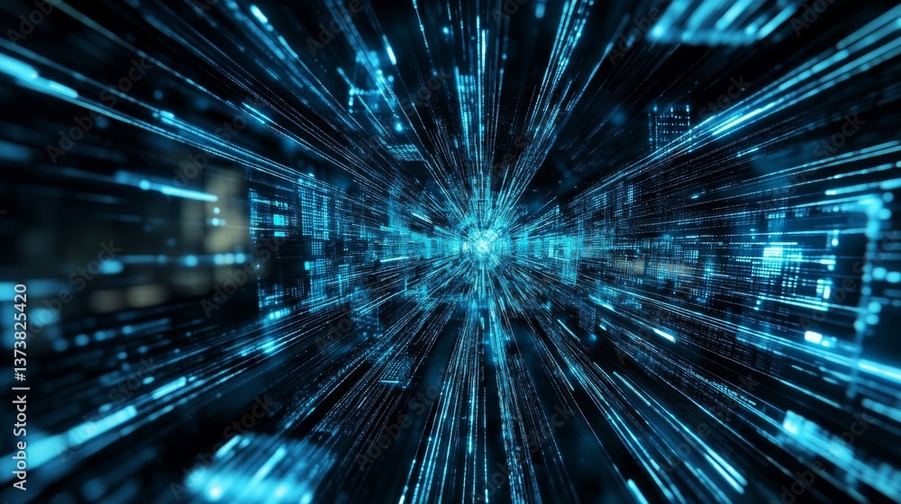 Poster a high-speed digital visualization featuring flowing blue lines through a futuristic cityscape, symb