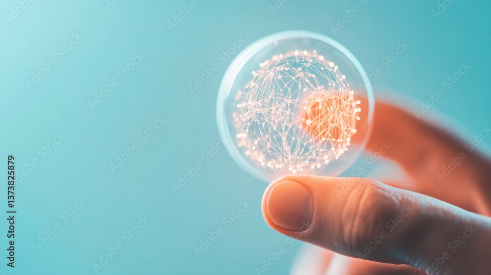 Poster a person holds a digital representation of interconnected data while showcasing the blend of human i