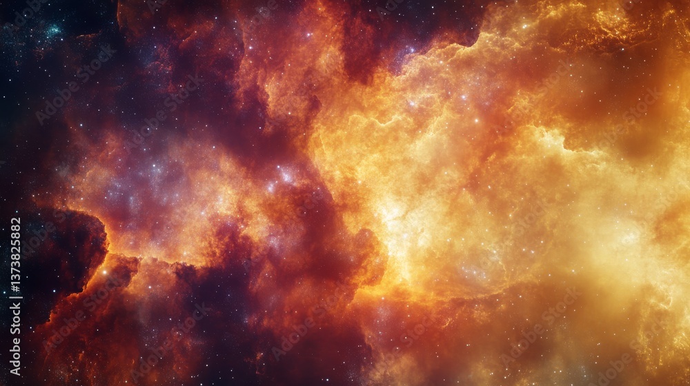 Poster stunning view of a cosmic nebula with bright orange and yellow clouds against the dark backdrop of d