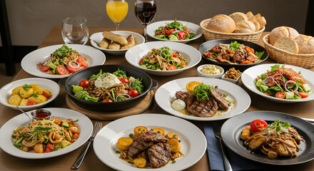 Various Food Dishes on Table