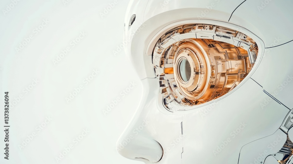 Poster a close-up view of a detailed robot face highlights the synergy between humans and technology, focus
