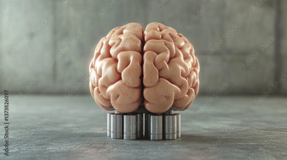 Poster a human brain placed atop mechanical components, symbolizing the integration of human thought with m