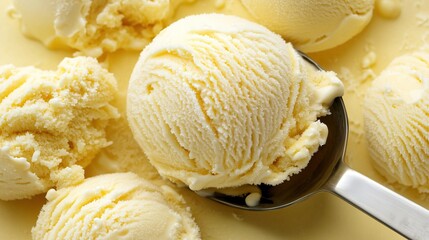 Close up of creamy vanilla ice cream scoops on light yellow background one on spoon inviting treat