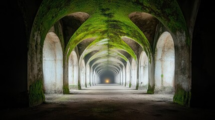 Fototapeta premium Ancient tunnel, moss-covered arches, light at the end