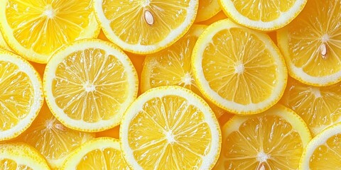 Vivid array of lemon slices on a yellow background. Freshness, citrus fruit, health, summer, energy, abundance, detail, texture, bright yellow, simplicity.