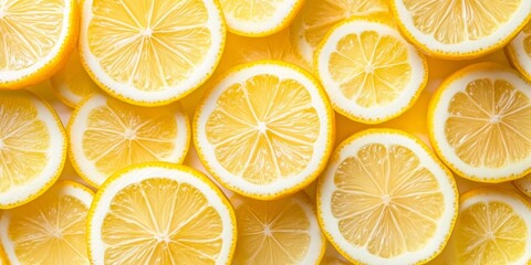 Vivid array of lemon slices on a yellow background. Freshness, citrus fruit, health, summer, energy, abundance, detail, texture, bright yellow, simplicity.