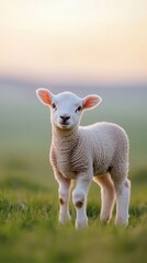 Fototapeta premium Sheep lamb stands on green grass during sunset in a peaceful rural landscape, embodying the serenity of nature in the evening light
