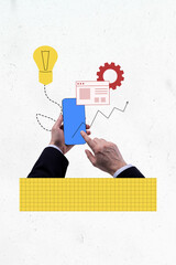 Poster sketch image artwork photo collage of worker hand hold smartphone touch arrow trader lamp...