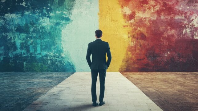 A man in a suit stands before a vibrant abstract wall split into bold colors, representing crossroads, choices, and important decisions in life or career.. AI Generation