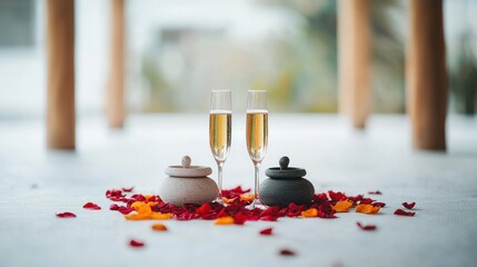 Two champagne flutes,  small decorative bowls, and rose petals