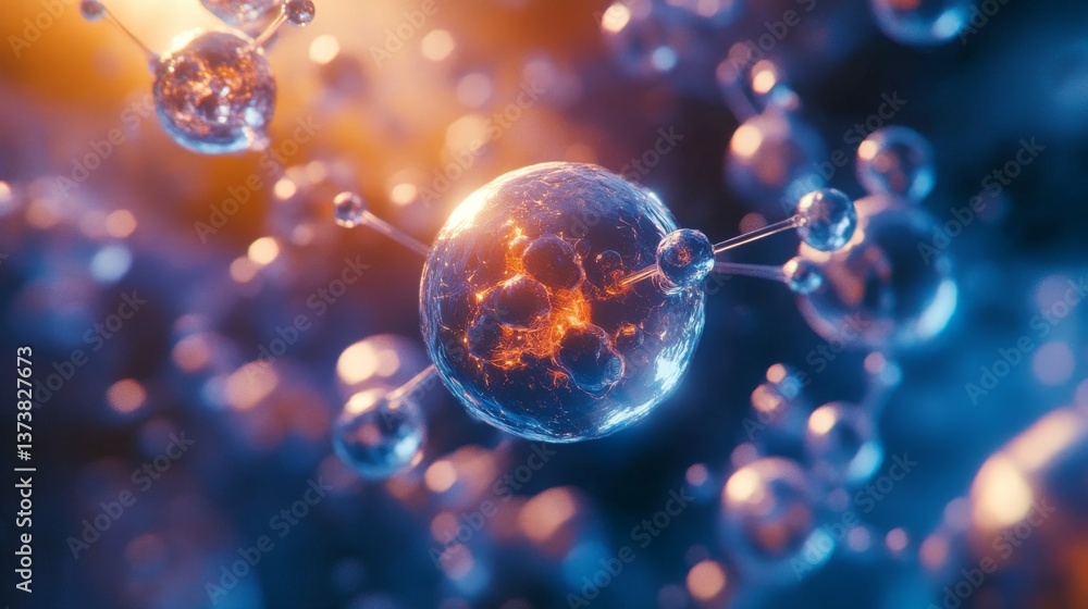 Poster a highly detailed 3d render of molecules interconnected in a network, with a glowing, vibrant energy