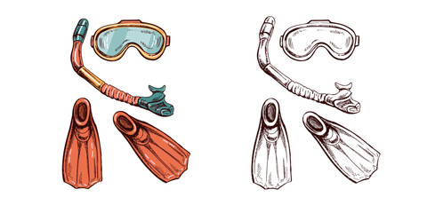 Hand - drawn colored and monochrome sketch of diving mask, diving fins and snorkel, vector Marine concept elements. Engraving illustration on white background.