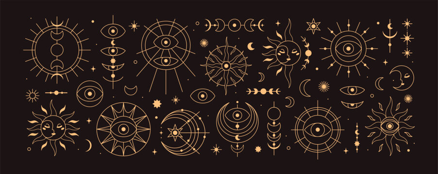 Sun, moon, celestial symbols, magic mystic set. Astrology design elements with star, crescent, orbit, cosmic eye, golden line art. Esoteric spiritual occult patterns. Isolated vector illustrations