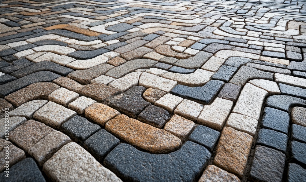 Poster winding cobblestone path with various colors creates a textured and patterned ground surface.