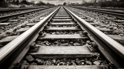Fototapeta premium A striking black-and-white image of railway tracks stretching far into the distance, creating a sense of infinity and solitude. The gravel and wooden ties contrast against the barren surroundings.. AI