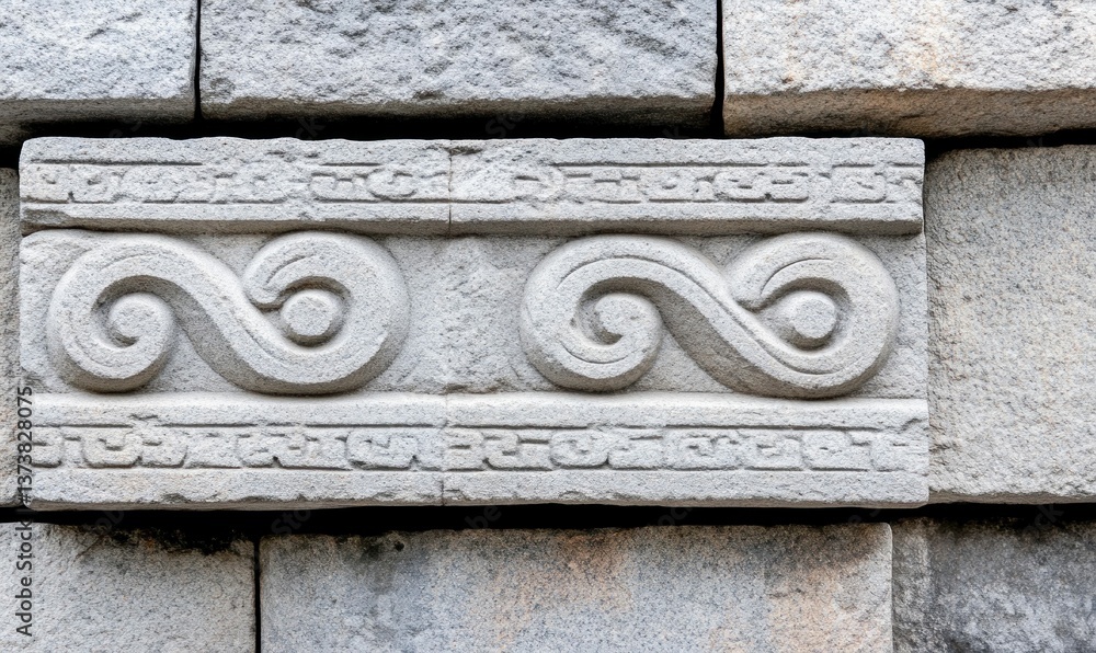 Poster detailed stone carving displays a mesmerizing double spiral pattern on an aged stone block.